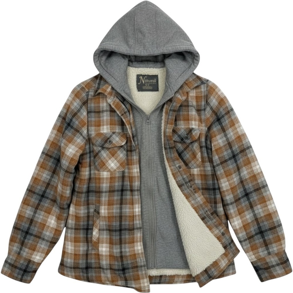 Natural Reflections Hooded Flannel Jacket Womens Small Orange Plaid Sherpa Lined